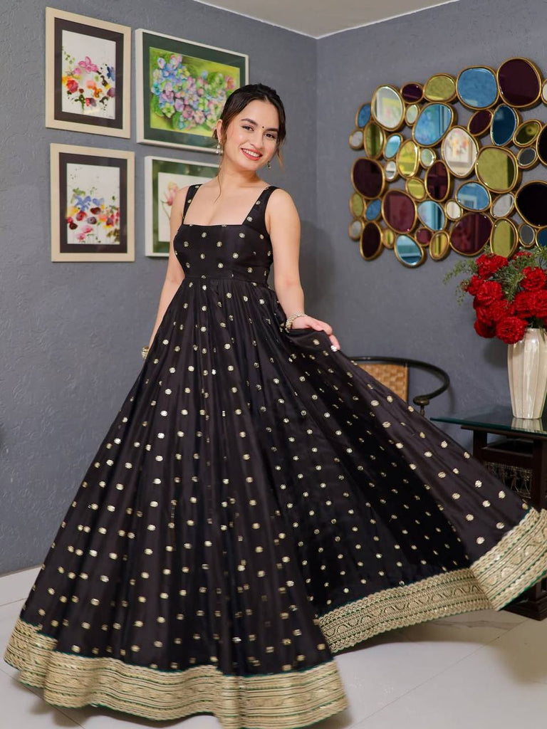 Black Silk Designer Anarkali Suit Set with 5mm Sequins & Thread Embroidery – Luxurious Kali-Cut Ensemble with Net Dupatta ClothsVilla