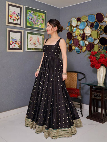 Black Silk Designer Anarkali Suit Set with 5mm Sequins & Thread Embroidery – Luxurious Kali-Cut Ensemble with Net Dupatta ClothsVilla