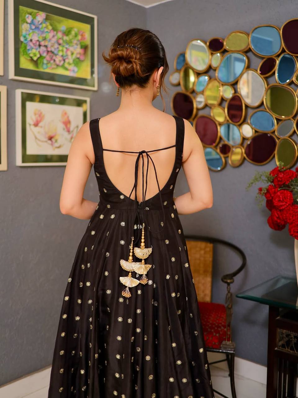 Black Silk Designer Anarkali Suit Set with 5mm Sequins &