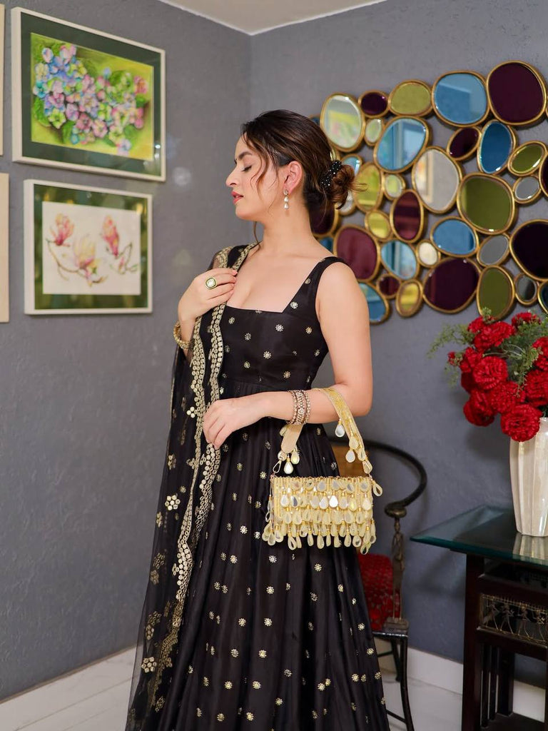Black Silk Designer Anarkali Suit Set with 5mm Sequins & Thread Embroidery – Luxurious Kali-Cut Ensemble with Net Dupatta ClothsVilla