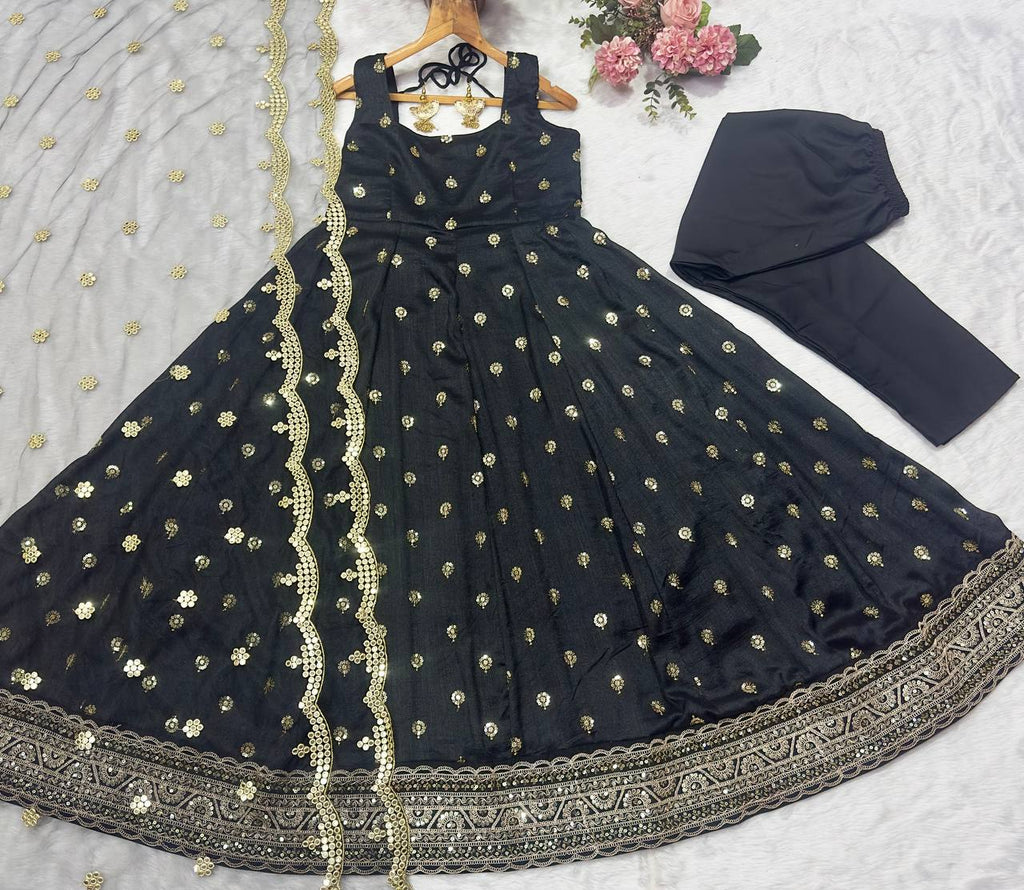 Black Silk Designer Anarkali Suit Set with 5mm Sequins & Thread Embroidery – Luxurious Kali-Cut Ensemble with Net Dupatta ClothsVilla