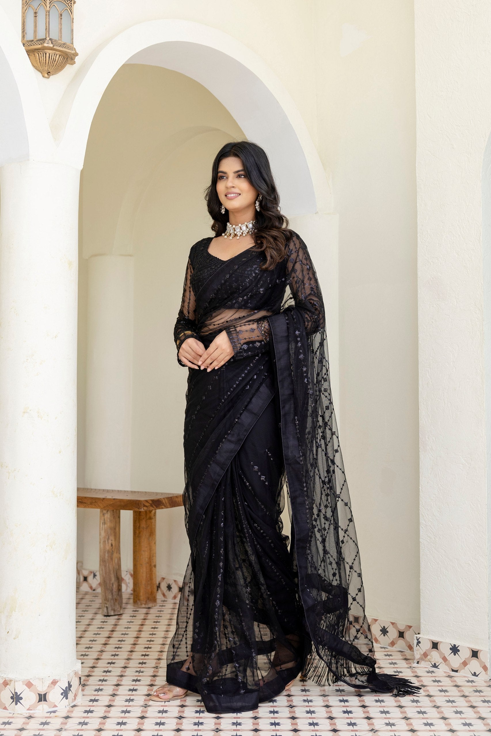 Black Soft Mono Net Sequins Embroidered Saree with Unstitched Blouse Piece Secondary image
