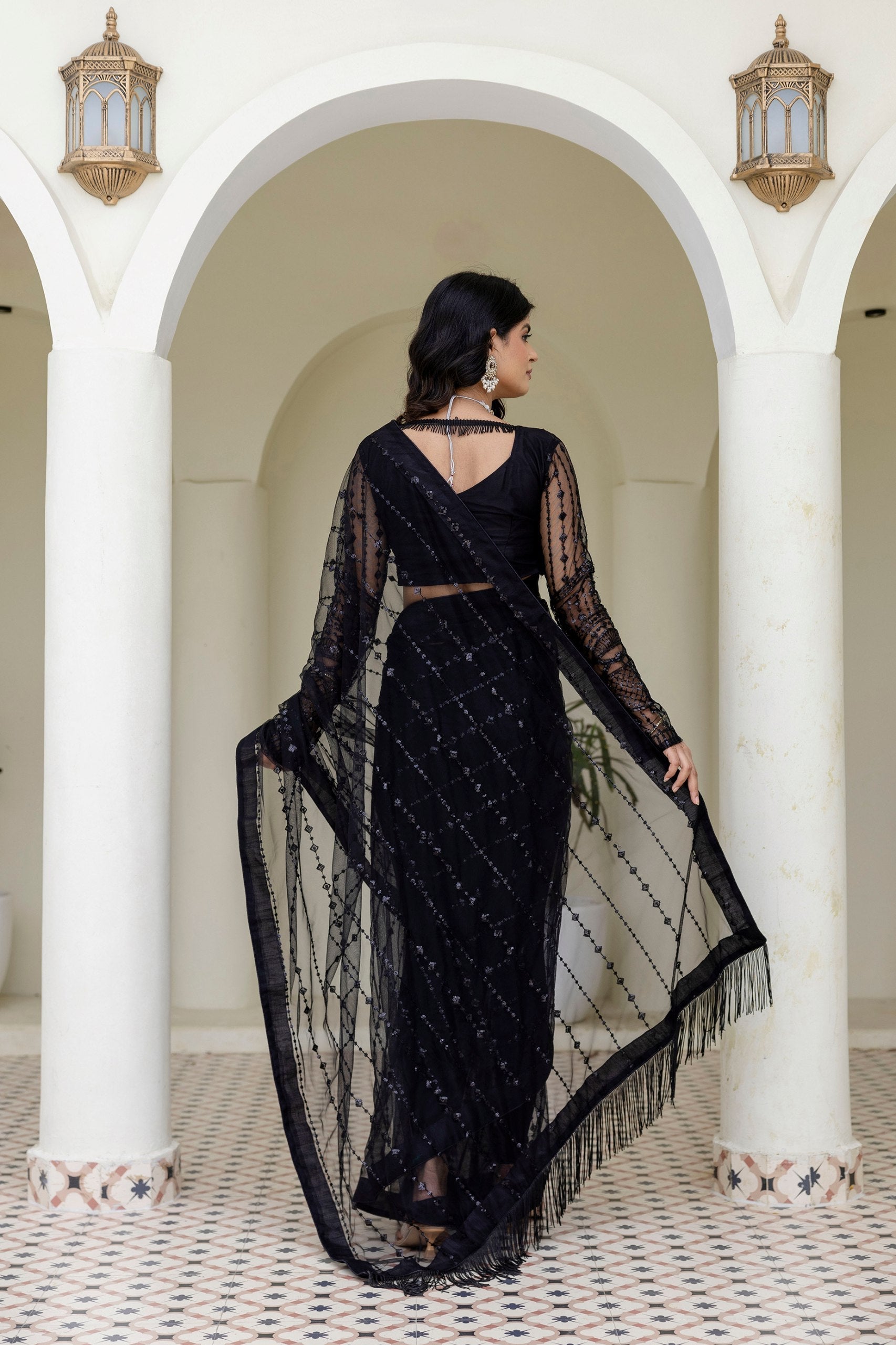 Black Soft Mono Net Sequins Embroidered Saree with Unstitched Blouse Piece ClothsVilla