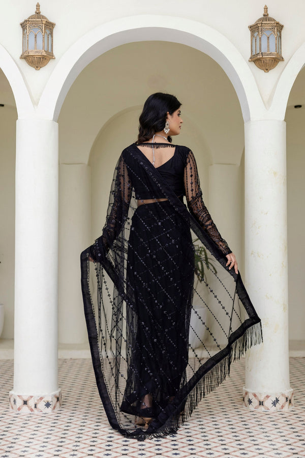 Black Soft Mono Net Sequins Embroidered Saree with Unstitched Blouse Piece ClothsVilla