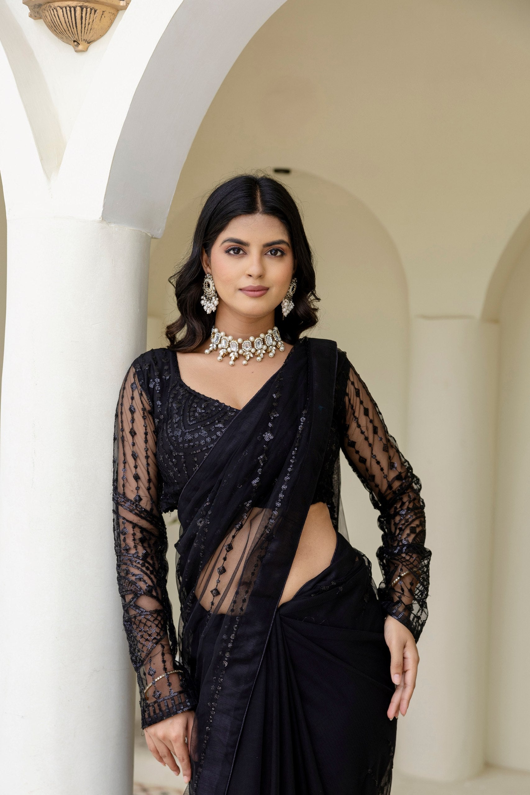 Black Soft Mono Net Sequins Embroidered Saree with Unstitched Blouse Piece ClothsVilla