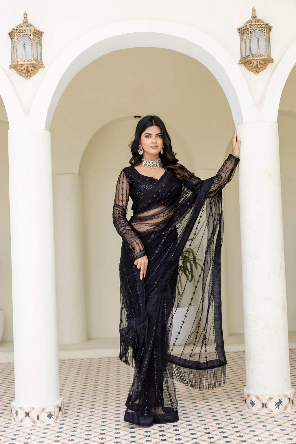 Black Soft Mono Net Sequins Embroidered Saree with Unstitched Blouse Piece ClothsVilla