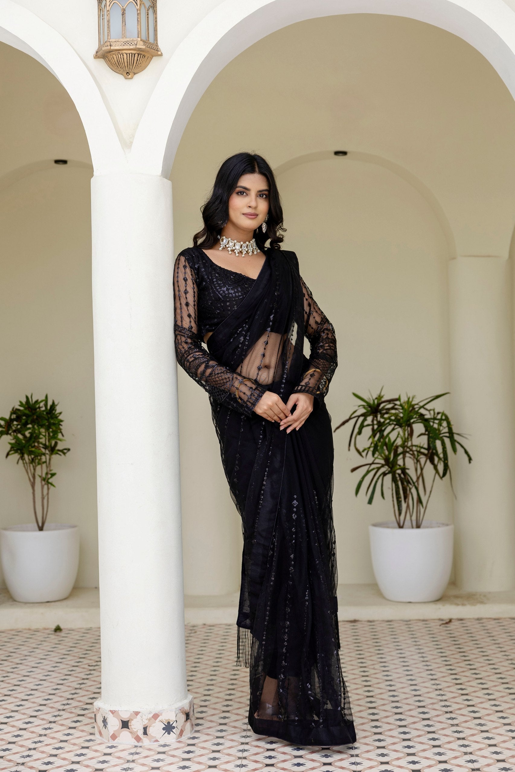 Black Soft Mono Net Sequins Embroidered Saree with Unstitched Blouse Piece ClothsVilla