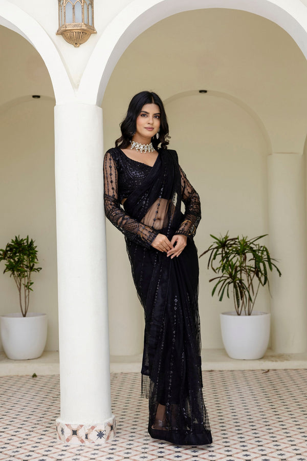 Black Soft Mono Net Sequins Embroidered Saree with Unstitched Blouse Piece ClothsVilla
