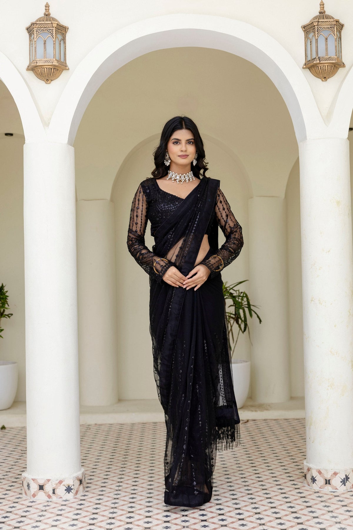 Black Soft Mono Net Sequins Embroidered Saree with Unstitched Blouse Piece ClothsVilla Main image