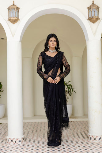 Black Soft Mono Net Sequins Embroidered Saree with Unstitched Blouse Piece ClothsVilla