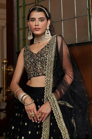 Black Soft Net Designer Lehenga Set with Heavy Zari, Dori & Sequins Work – Semi-Stitched Lehenga, Unstitched Art Silk Blouse & Net Dupatta ClothsVilla