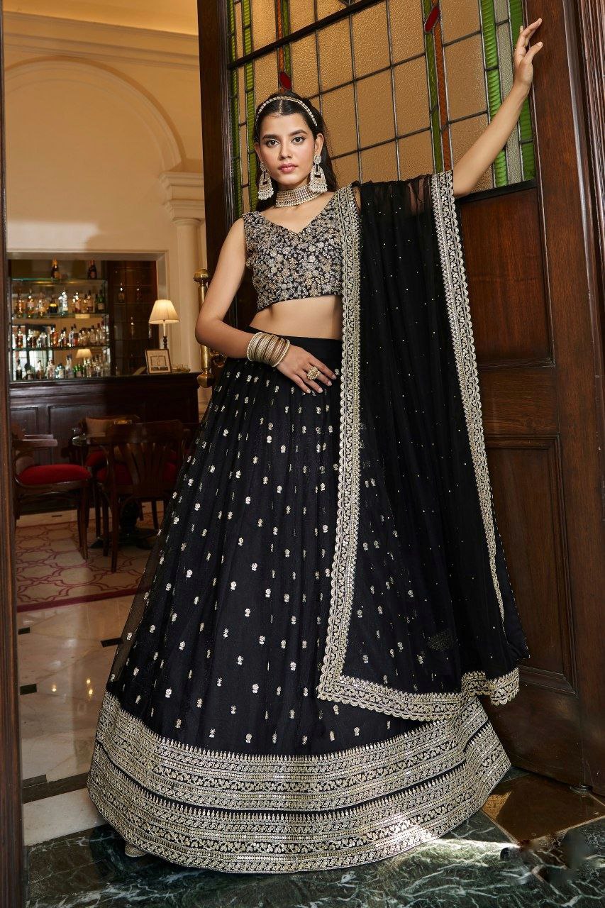Black Soft Net Designer Lehenga Set with Heavy Zari, Dori & Sequins Work – Semi-Stitched Lehenga, Unstitched Art Silk Blouse & Net Dupatta Secondary image