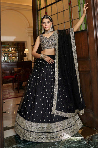 Black Soft Net Designer Lehenga Set with Heavy Zari, Dori & Sequins Work – Semi-Stitched Lehenga, Unstitched Art Silk Blouse & Net Dupatta ClothsVilla