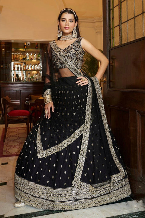 Black Soft Net Designer Lehenga Set with Heavy Zari, Dori & Sequins Work – Semi-Stitched Lehenga, Unstitched Art Silk Blouse & Net Dupatta ClothsVilla Main image
