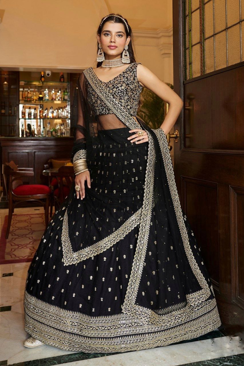 Black Soft Net Designer Lehenga Set with Heavy Zari, Dori & Sequins Work – Semi-Stitched Lehenga, Unstitched Art Silk Blouse & Net Dupatta ClothsVilla Main image
