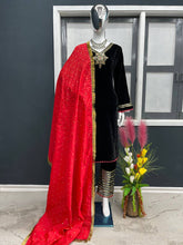 Load image into Gallery viewer, Black Stunning Designer Top, Bottom &amp; Dupatta Set with Velvet, Organza Silk ClothsVilla