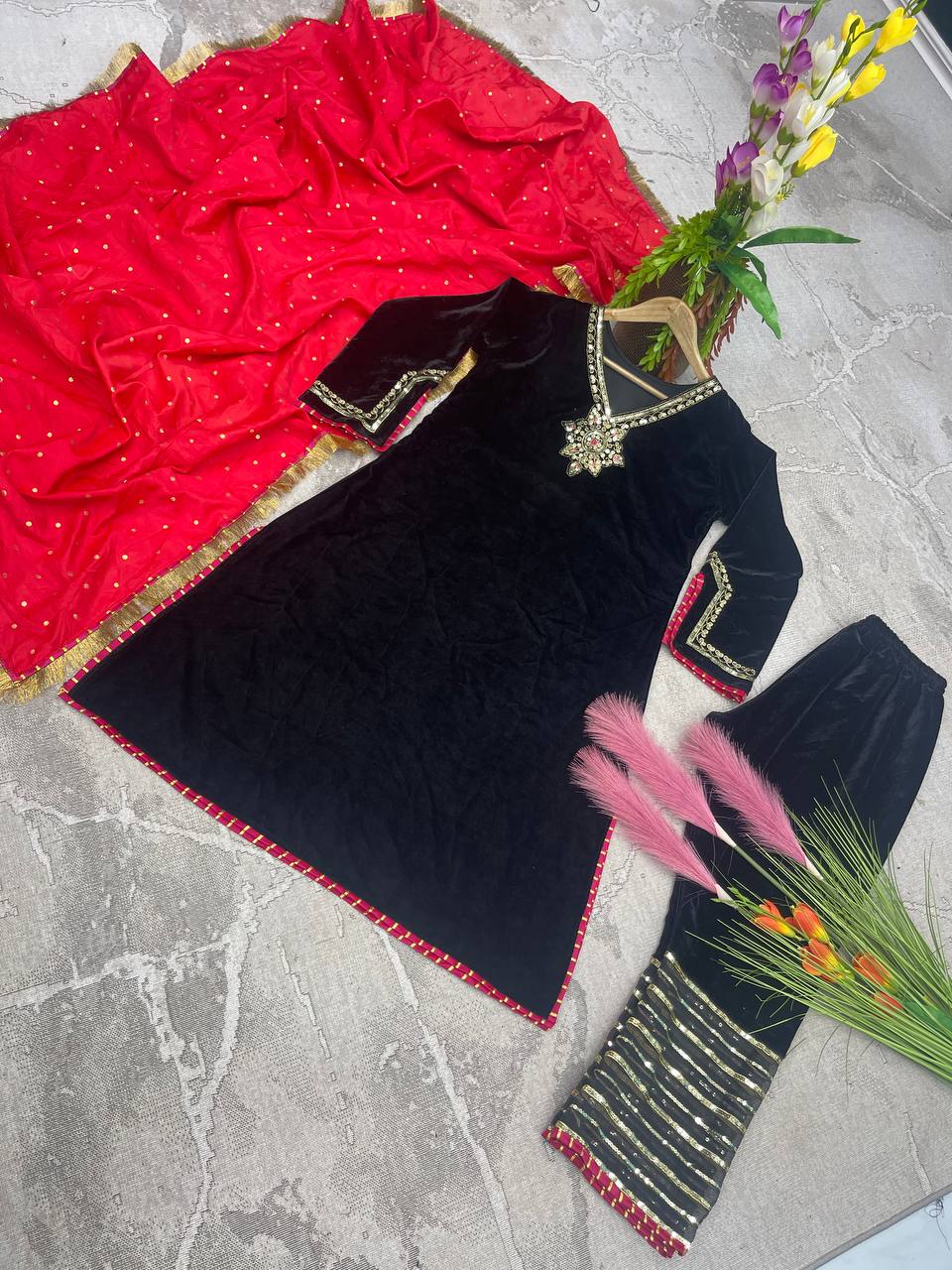 Black Stunning Designer Top, Bottom & Dupatta Set with Velvet, Organza Silk ClothsVilla