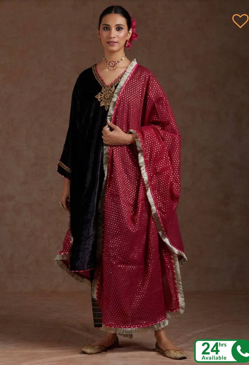 Black Stunning Designer Top, Bottom & Dupatta Set with Velvet, Organza Silk ClothsVilla Main image