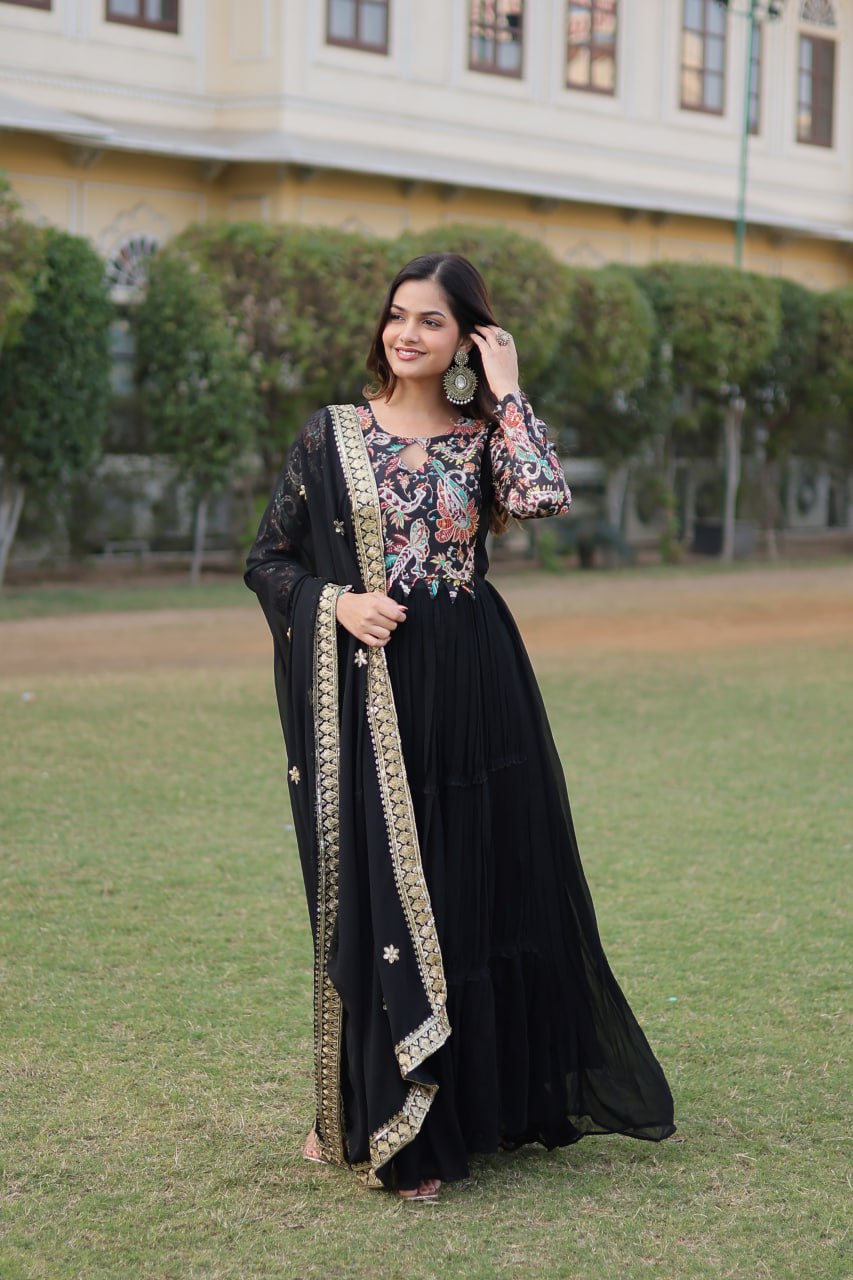 Black Stunning Faux Georgette Gown Dupatta Collection in Vibrant Colors ClothsVilla