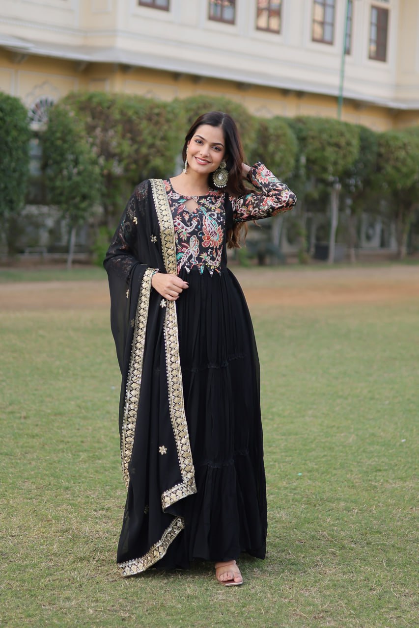 Black Stunning Faux Georgette Gown Dupatta Collection in Vibrant Colors ClothsVilla Main image