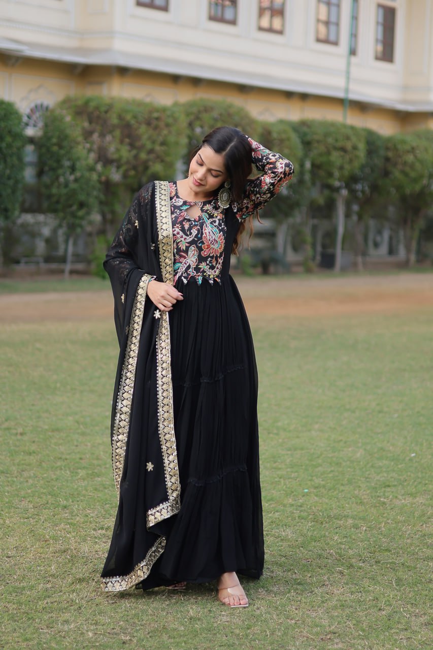 Black Stunning Faux Georgette Gown Dupatta Collection in Vibrant Colors ClothsVilla