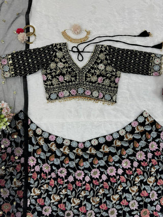 Black Stunning Fox Georgette Semi-Stitched Lehengha Set with Thread & Sequin Work ClothsVilla