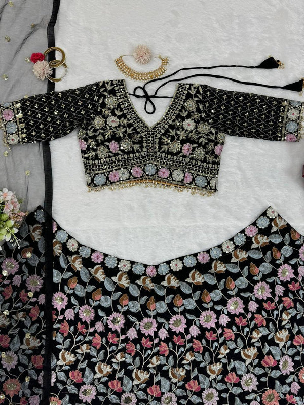 Black Stunning Fox Georgette Semi-Stitched Lehengha Set with Thread & Sequin Work ClothsVilla