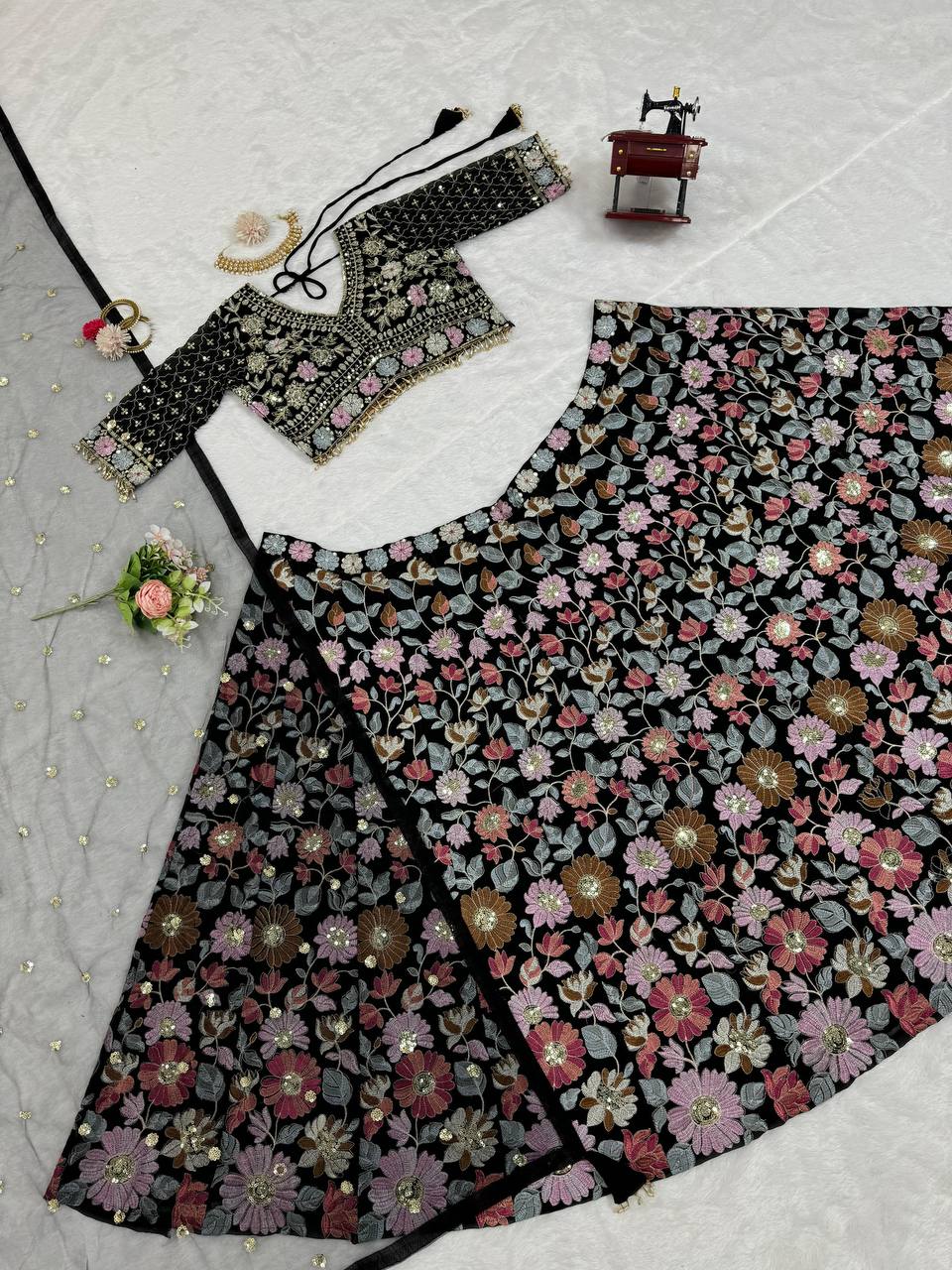 Black Stunning Fox Georgette Semi-Stitched Lehengha Set with Thread & Sequin Work ClothsVilla
