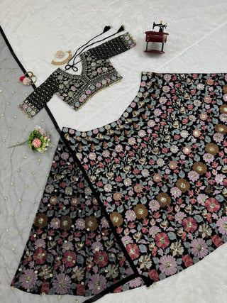 Black Stunning Fox Georgette Semi-Stitched Lehengha Set with Thread & Sequin Work ClothsVilla