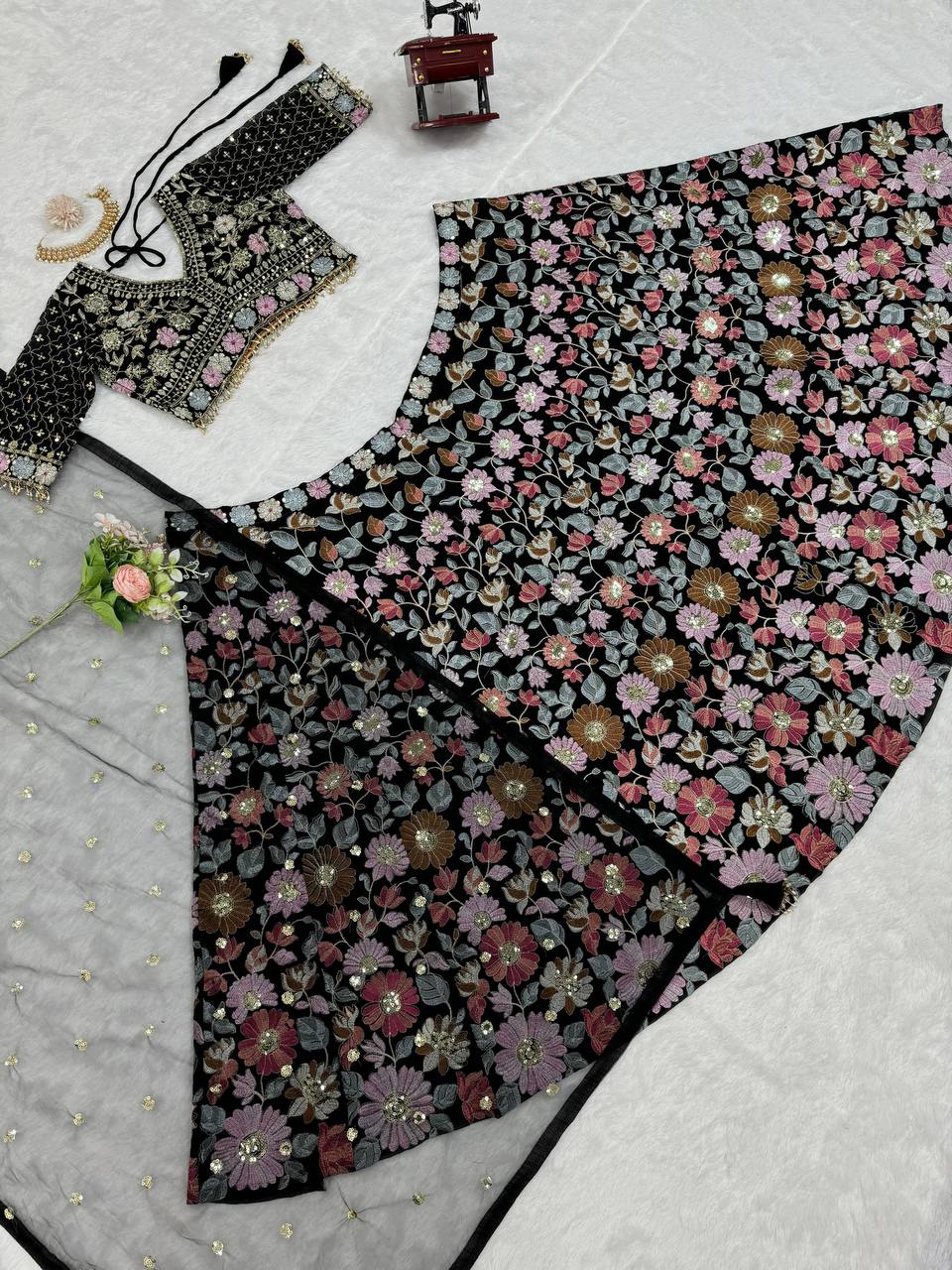 Black Stunning Fox Georgette Semi-Stitched Lehengha Set with Thread & Sequin Work ClothsVilla