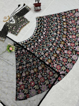 Black Stunning Fox Georgette Semi-Stitched Lehengha Set with Thread & Sequin Work ClothsVilla