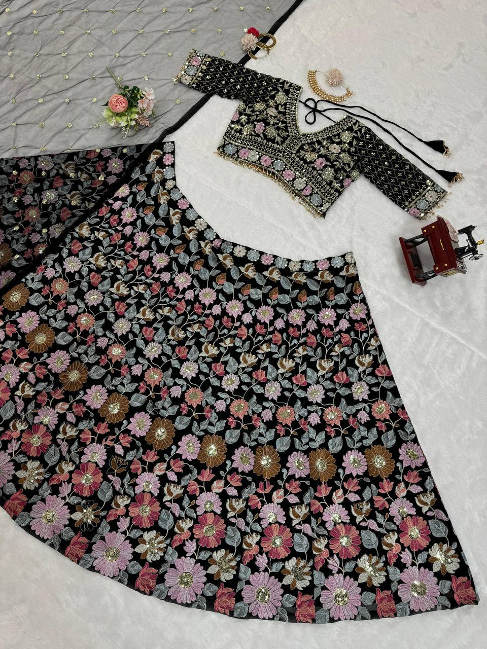 Black Stunning Fox Georgette Semi-Stitched Lehengha Set with Thread & Sequin Work ClothsVilla