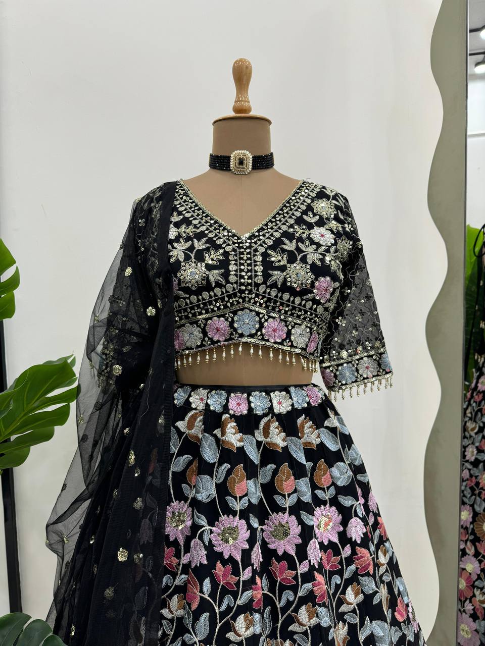 Black Stunning Fox Georgette Semi-Stitched Lehengha Set with Thread & Sequin Work ClothsVilla