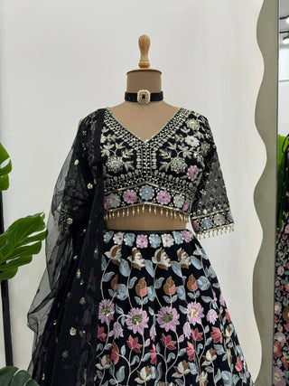 Black Stunning Fox Georgette Semi-Stitched Lehengha Set with Thread & Sequin Work ClothsVilla