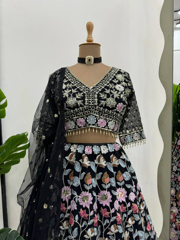 Black Stunning Fox Georgette Semi-Stitched Lehengha Set with Thread & Sequin Work ClothsVilla