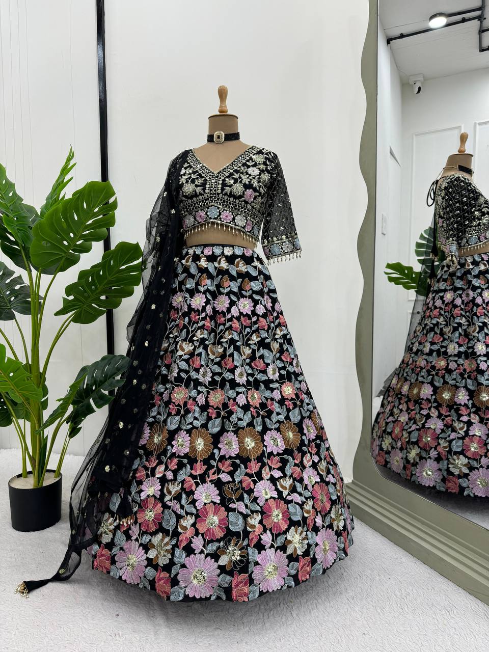 Black Stunning Fox Georgette Semi-Stitched Lehengha Set with Thread & Sequin Work ClothsVilla
