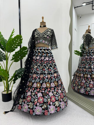 Black Stunning Fox Georgette Semi-Stitched Lehengha Set with Thread & Sequin Work ClothsVilla