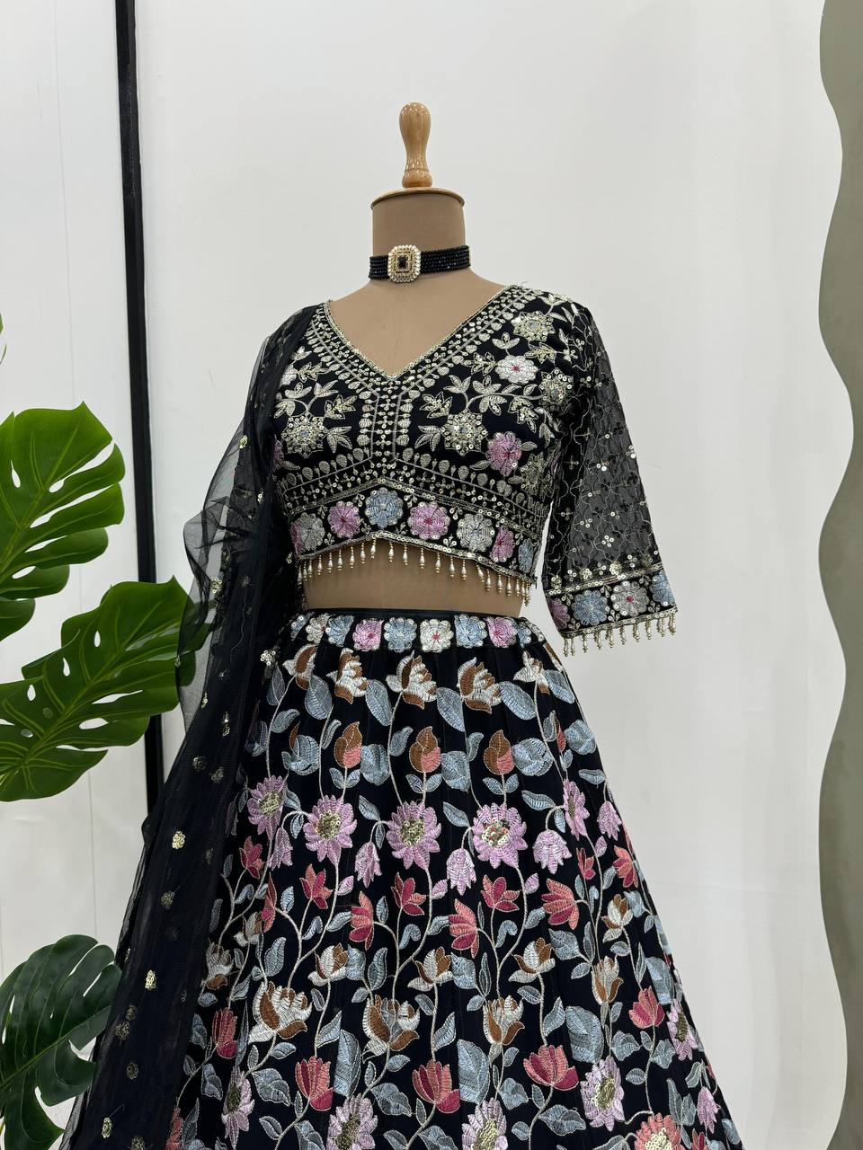 Black Stunning Fox Georgette Semi-Stitched Lehengha Set with Thread & Sequin Work ClothsVilla