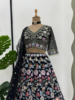 Black Stunning Fox Georgette Semi-Stitched Lehengha Set with Thread & Sequin Work ClothsVilla