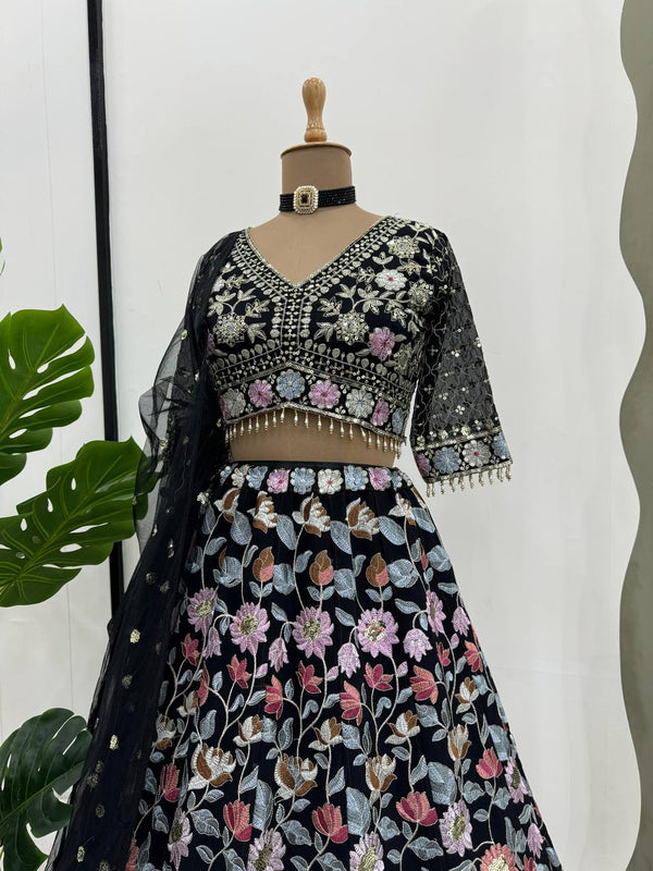 Black Stunning Fox Georgette Semi-Stitched Lehengha Set with Thread & Sequin Work ClothsVilla