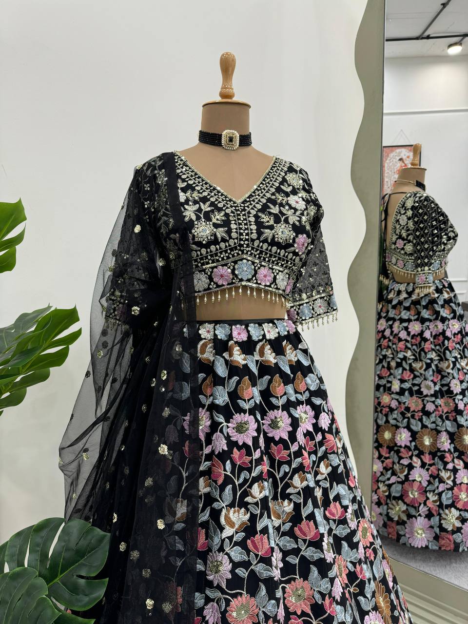 Black Stunning Fox Georgette Semi-Stitched Lehengha Set with Thread & Sequin Work ClothsVilla