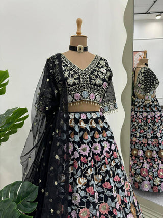 Black Stunning Fox Georgette Semi-Stitched Lehengha Set with Thread & Sequin Work ClothsVilla