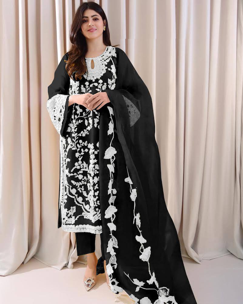 Black Stunning Party Wear Top, Bottom & Dupatta Set with Elegant Embroidery Clothsvilla