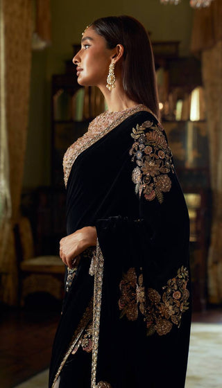 Black Stunning Velvet & Net Saree with Sequins & Dori Work — Slay the Saree Game ClothsVilla