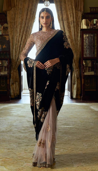 Black Stunning Velvet & Net Saree with Sequins & Dori Work — Slay the Saree Game ClothsVilla