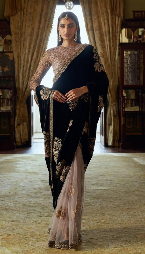 Black Stunning Velvet & Net Saree with Sequins & Dori Work — Slay the Saree Game ClothsVilla