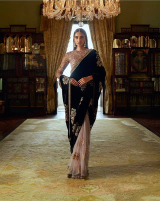 Black Stunning Velvet & Net Saree with Sequins & Dori Work — Slay the Saree Game ClothsVilla