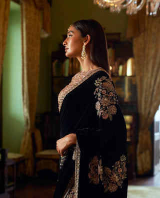 Black Stunning Velvet & Net Saree with Sequins & Dori Work — Slay the Saree Game ClothsVilla