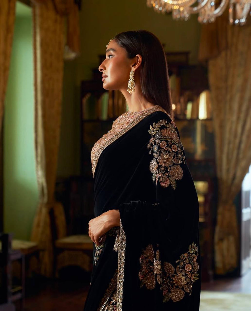 Black Stunning Velvet & Net Saree with Sequins & Dori Work — Slay the Saree Game ClothsVilla