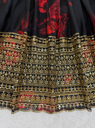 Black Tabby Organza Digital Print Lehenga Choli Set with Thread & Sequin Work – With Dupatta ClothsVilla